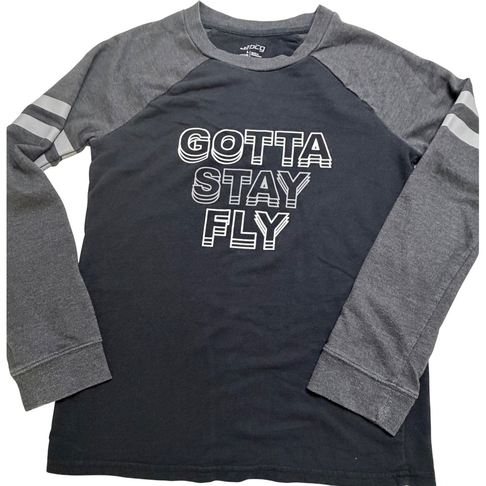 BCG Boys Gotta Stay Fly Graphic Raglan Long Sleeve Shirt Black Gray Size L 12-14